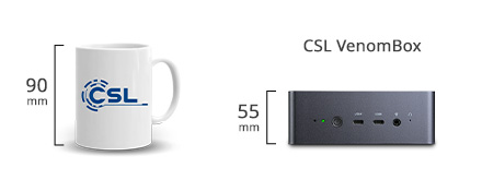 Größenvergleich AMD Ryzen Mini PC venomBox HS vs. Kaffeetasse
