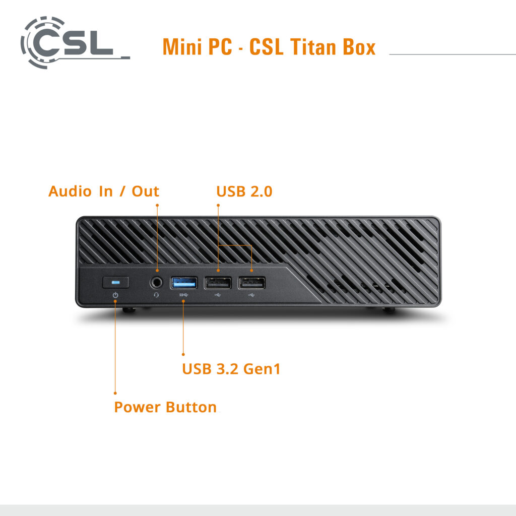 CSL TitanBox: Frontanschlüsse des Intel Core i9 Mini PCs