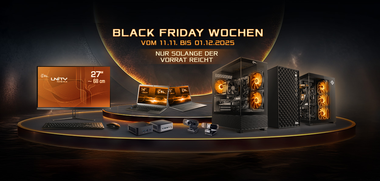 Black Friday Deals 2025 - die besten Angebote Bei CSL: Gaming PCs, Mini PCs, Notebooks, AIO PCs, Webcams, Tastatur, Maus