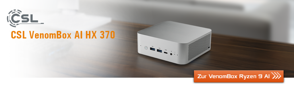 Zur den VenomBox AI Modellen mit Ryzen 9 AI HX 370 Prozessor, bis zu128 GB RAM und 8 TB SSD. High-End-Workstation im kompakten Format