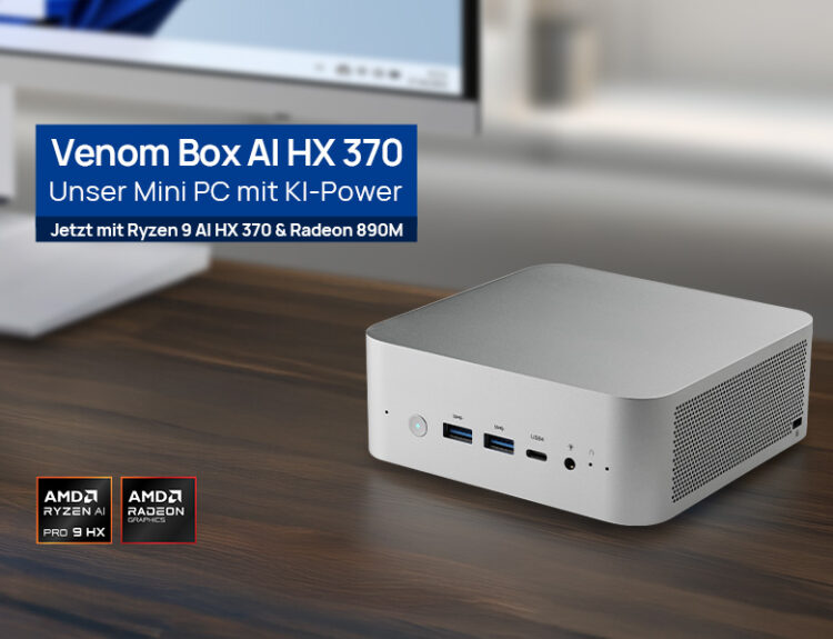 Mini PC VenomBox AI mit Ryzeen 9 AI HX 370 Prozessor, bis zu128 GB RAM und 8 TB SSD. High-End-Workstation im kompakten Format