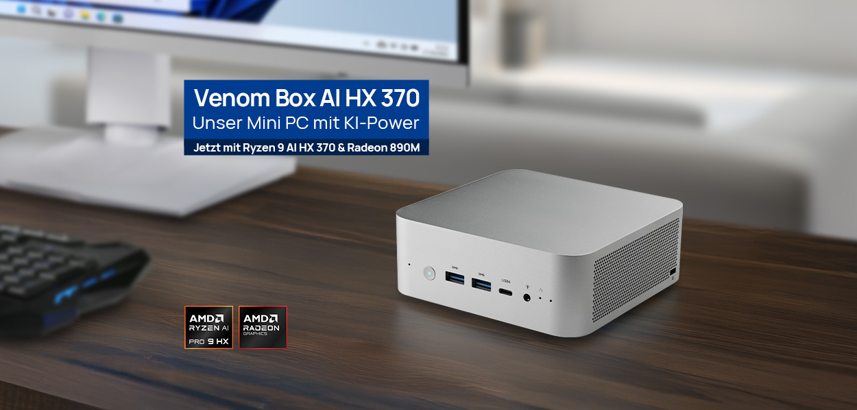 Mini PC VenomBox AI mit Ryzeen 9 AI HX 370 Prozessor, bis zu128 GB RAM und 8 TB SSD. High-End-Workstation im kompakten Format