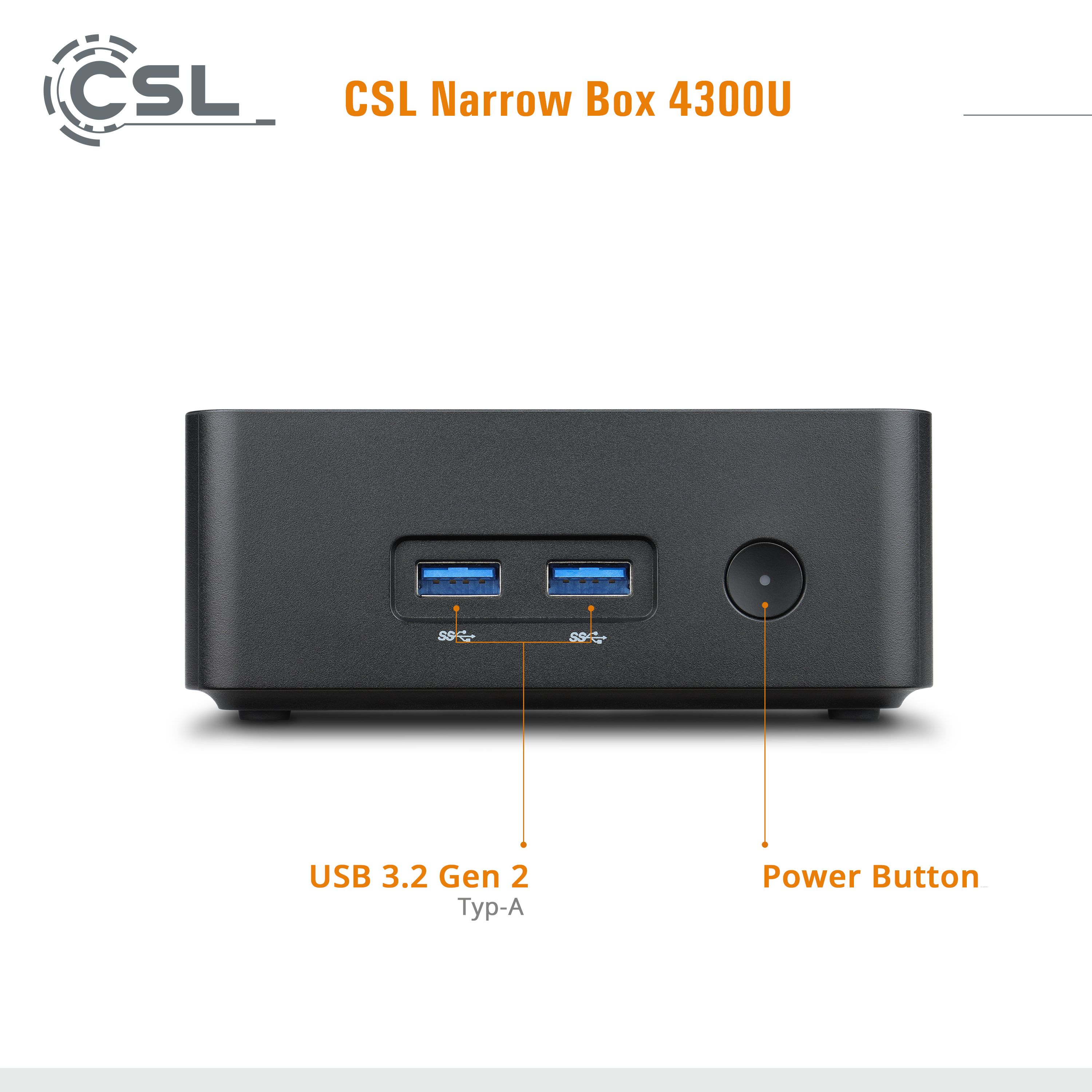 AMD Ryzen Mini PC CSL Narrow Box 4300U - Anschlüsse an der Frontseite