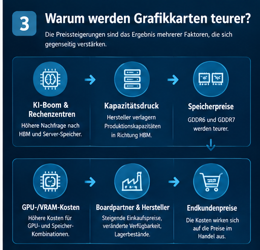      Infografik: Wie KI-Nachfrage, Speicherpreise, Produktionskapazitäten und Endkundenpreise
            zusammenhängen.