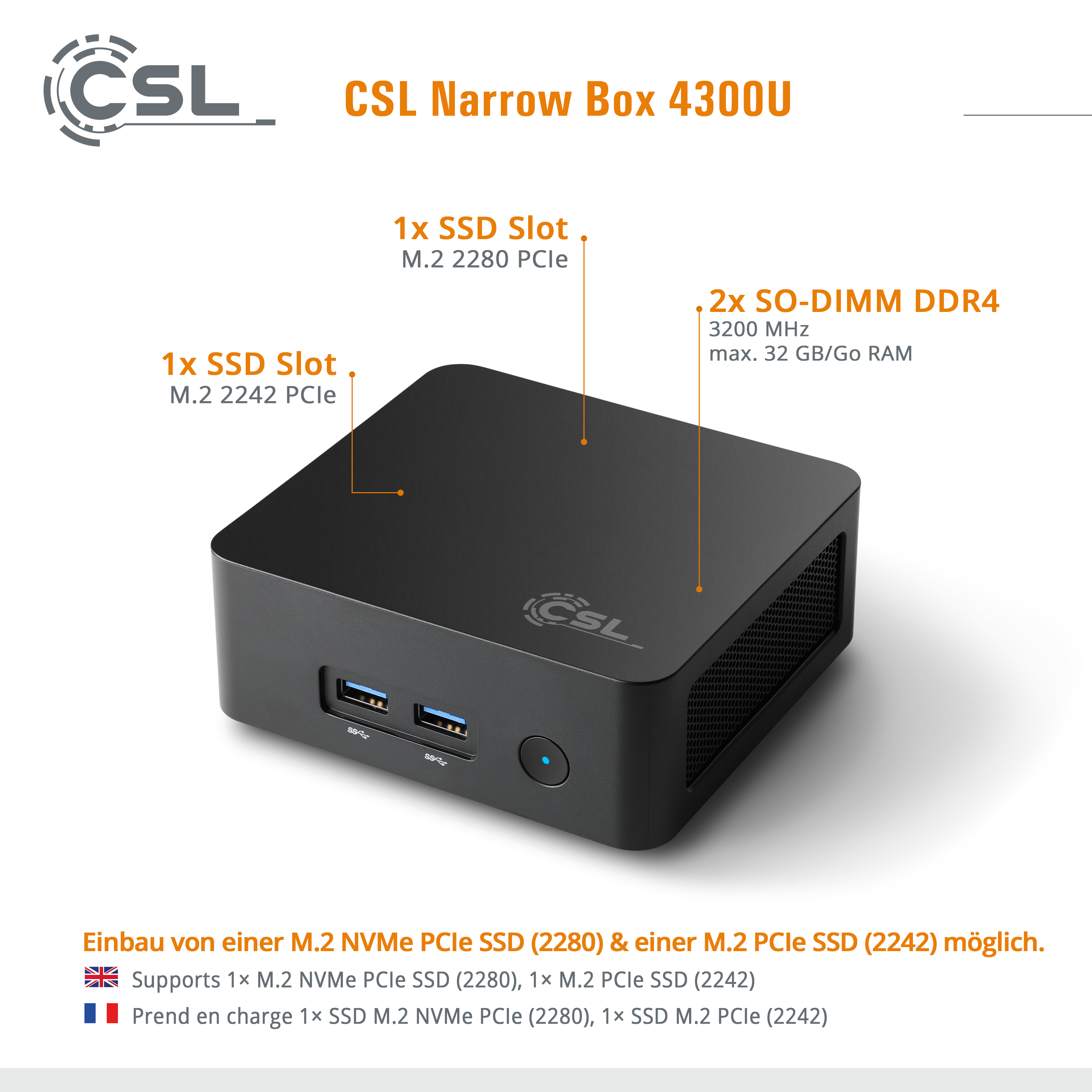 AMD Ryzen Mini PC CSL Narrow Box 4300U - bis zu 32 GB RAM, Dual M.2 SSD Storage