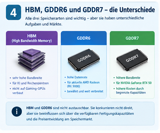 Infografik: HBM, GDDR6 und GDDR7 im direkten Vergleich