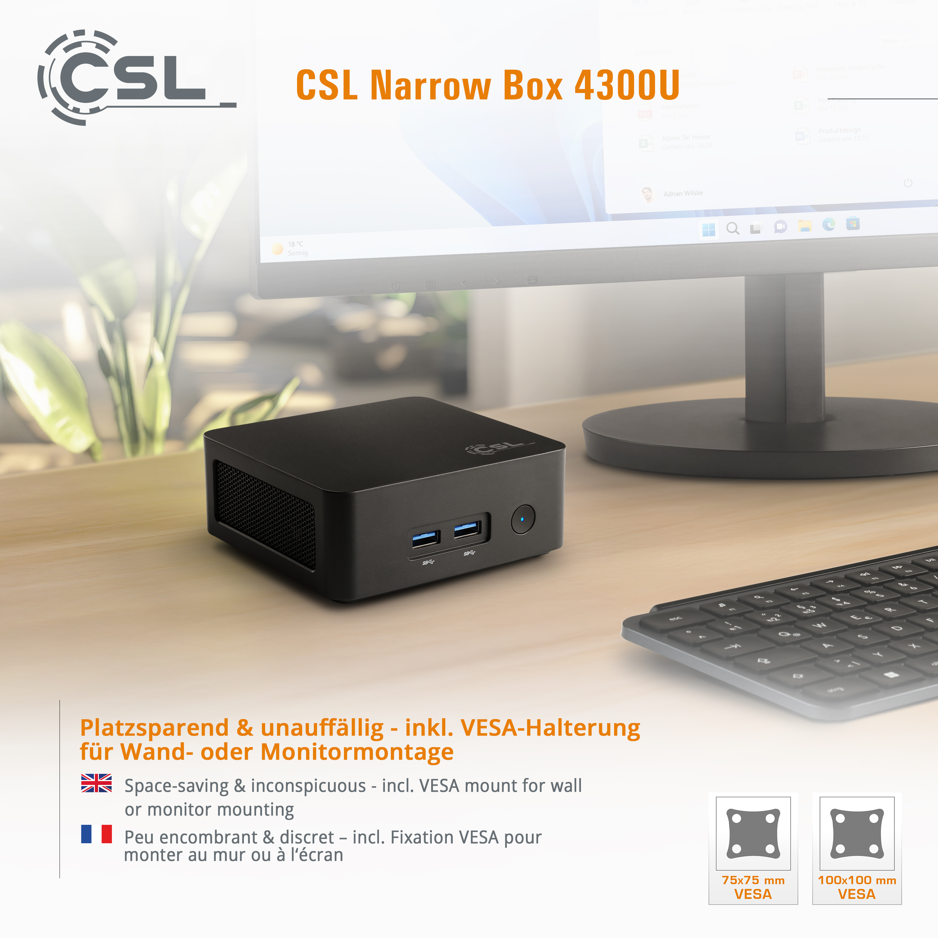 AMD Ryzen Mini PC CSL Narrow Box 4300U - kompakte Maße, VESA_kompatibel für Wand- & Monitormontage