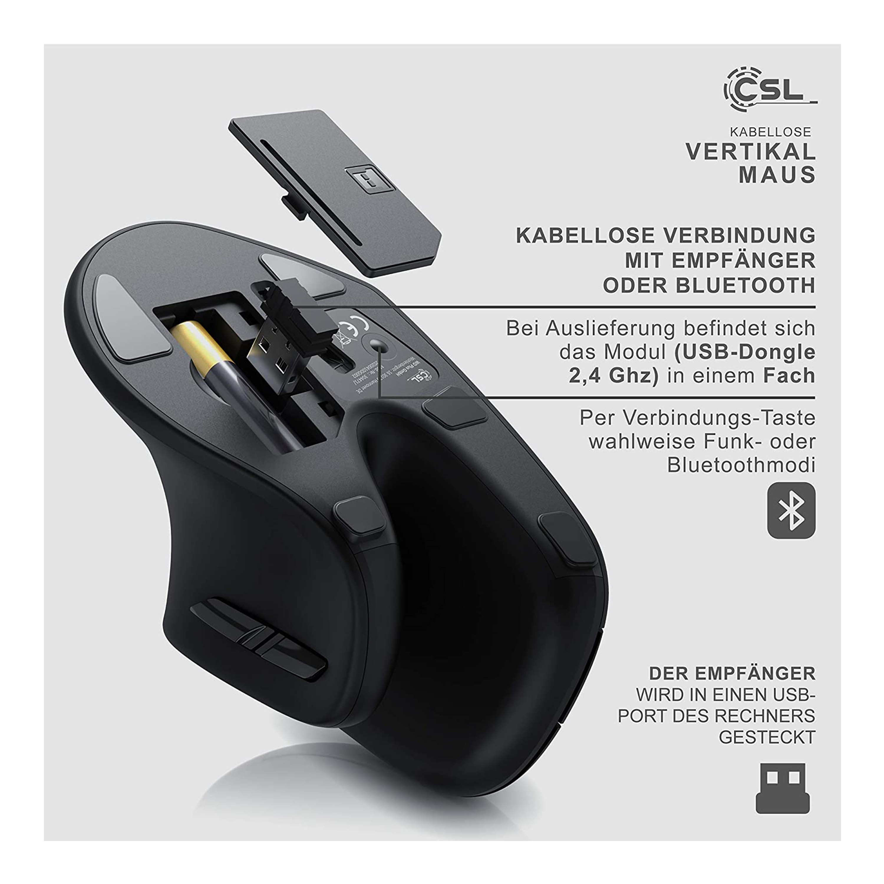 CSL - NUOVO Mouse Wireless verticale – Collegabile con chiavetta USB 2,4GHz  o Bluetooth integrato - 8 Pulsanti - Selettore 1000 2400 DPI 125 Hz -  Ergonomico - Windows 11 e MAC – Batterie incluse : : Informatica