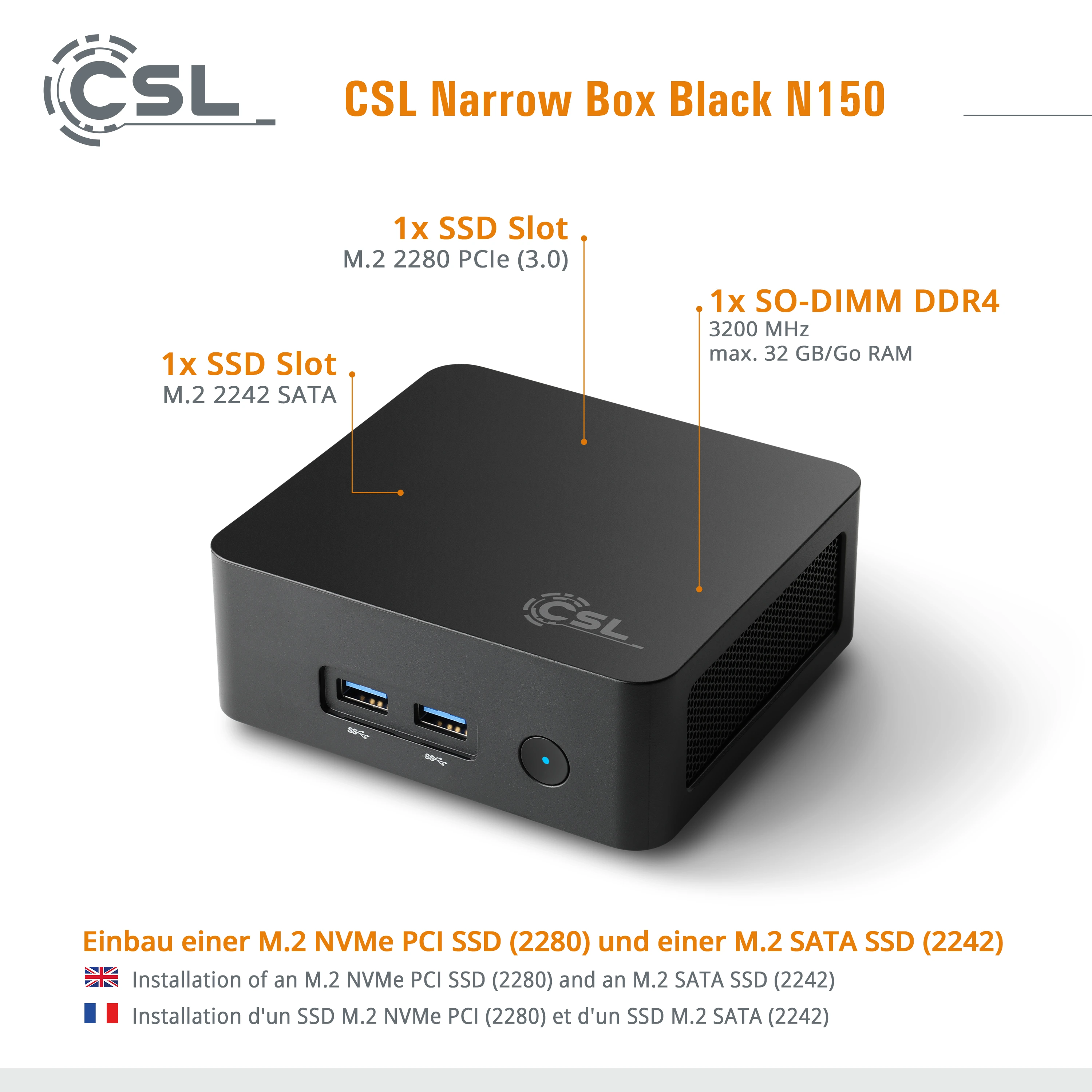 Mini PC - CSL Narrow Box Black / Windows 11 Home / 1000GB+32GB | CSL