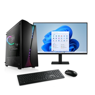 A powerful AMD Ryzen gaming complete system with GeForce RTX 5060 graphics and 27" Samsung Essential S3 S31C Full HD TFT.