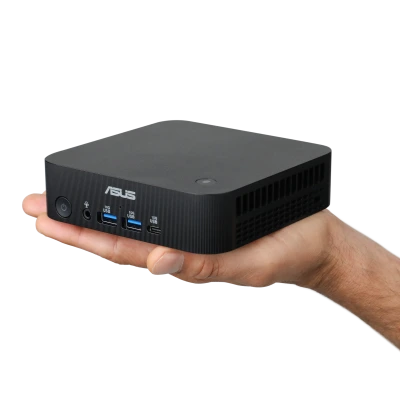 ASUS PN54 Mini PC with Ryzen 5 220, 32 GB DDR5, 1000 GB PCIe SSD, Wi-Fi 7, USB4, and Windows 11 Home for office work, media editing, smart home, and gaming.