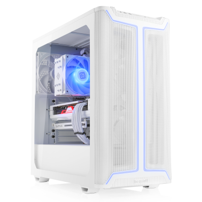 An elegant white AMD gaming PC with Radeon RX 7700 XT graphics card optimized for high WQHD 1440p resolutions.
