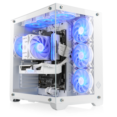 A powerful AMD Ryzen 7 gaming PC with Radeon™ RX 9060 XT graphics card in a stylish white design with aRGB lighting.