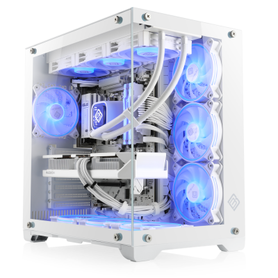 An impressive 4K gamer PC with Ryzen 7 7800X3D CPU and Radeon RX 9070 XT graphics in a modern white design and with optimized airflow.