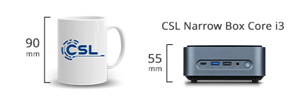 Size comparison cup with the Narrow Box Core i3 Mini-PC