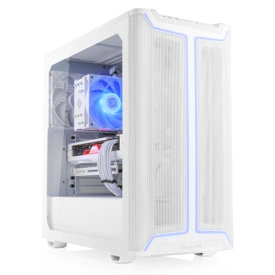 Un elegante PC de juegos AMD blanco con tarjeta gr&aacute;fica Radeon RX 9060 XT, optimizado para altas resoluciones WQHD 1440p.