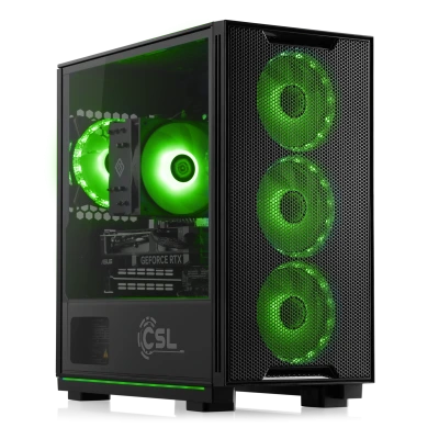 Un potente PC para juegos AMD Ryzen 9 con tarjeta gr&aacute;fica GeForce RTX 5060 Ti en un moderno dise&ntilde;o RGB/malla.