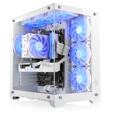 Un potente PC para juegos AMD Ryzen 7 con tarjeta gr&aacute;fica Radeon&trade; RX 9060 XT en un elegante dise&ntilde;o blanco con iluminaci&oacute;n aRGB.