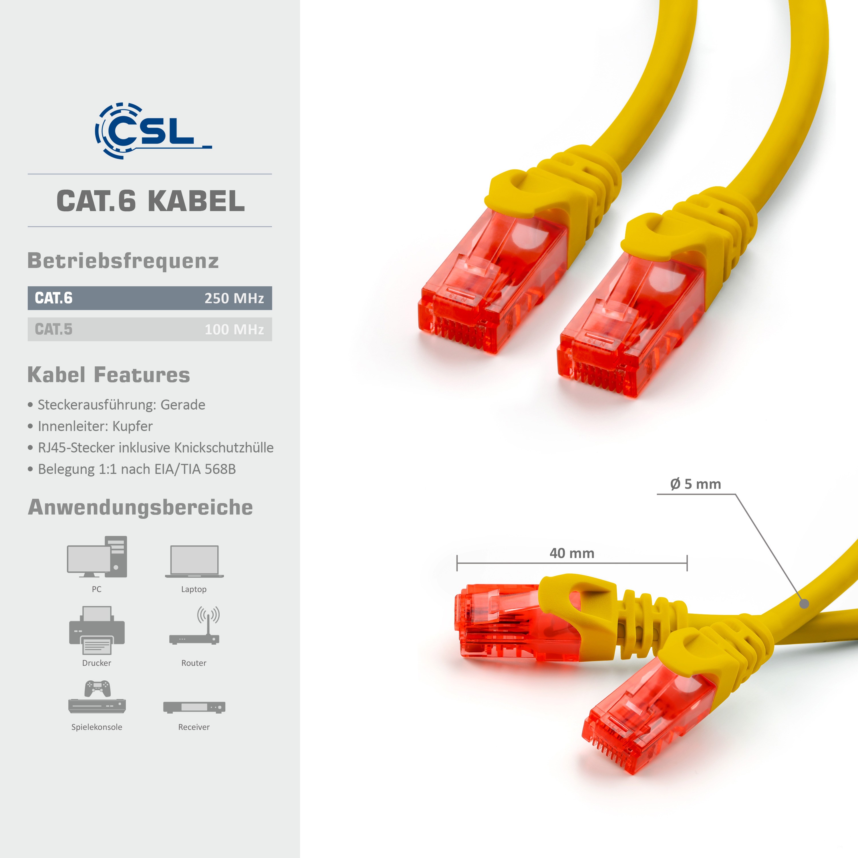 CSL 5m Câble réseau Cat 6 RJ45 5 mètres, Câble LAN Gigabit