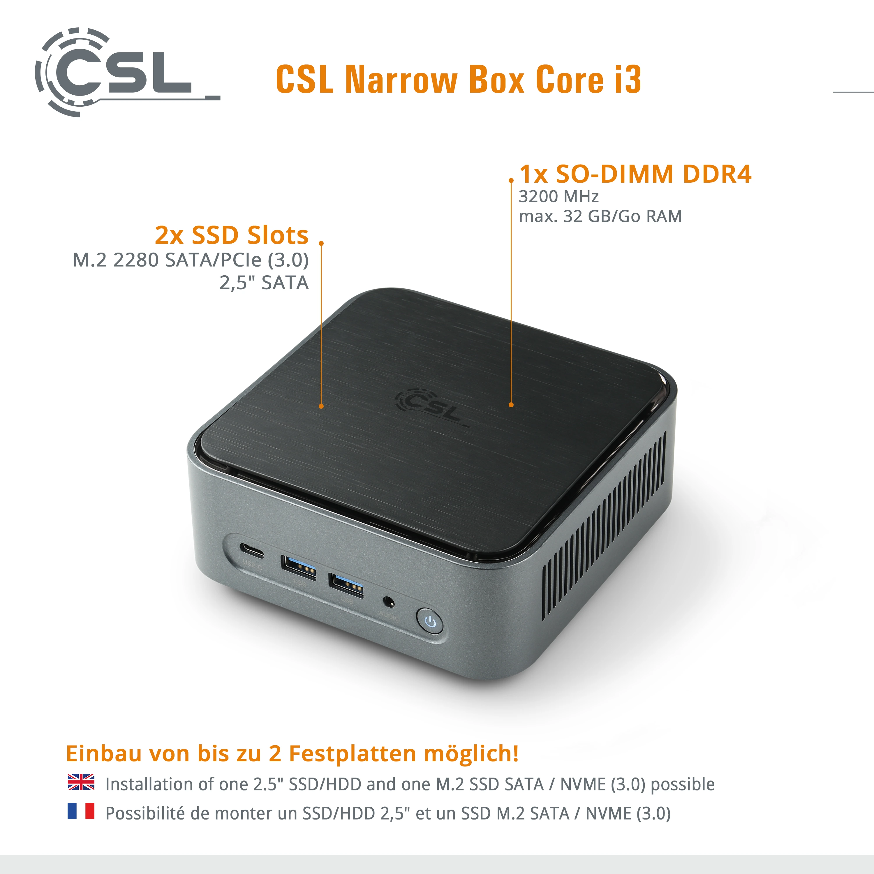 Mini PC - CSL Narrow Box Core i3 / Windows 11 Famille / 500Go+16Go