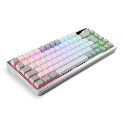 Clavier de jeu ASUS ROG blanc styl&eacute; avec &eacute;cran OLED et touches rempla&ccedil;ables &agrave; chaud.