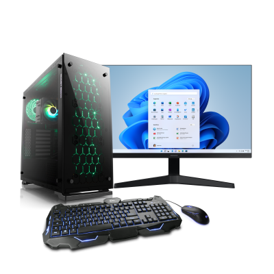 Un système complet puissant avec un PC multimédia AMD Ryzen™ 5, y compris Windows 11, un moniteur Samsung Full HD 27" avec écran IPS et un ensemble clavier/souris.