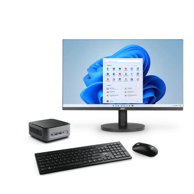 Un package complet et puissant comprenant un mini-PC CSL Narrow Box Premium silencieux et un moniteur AOC Q27B3MA WQHD 27".