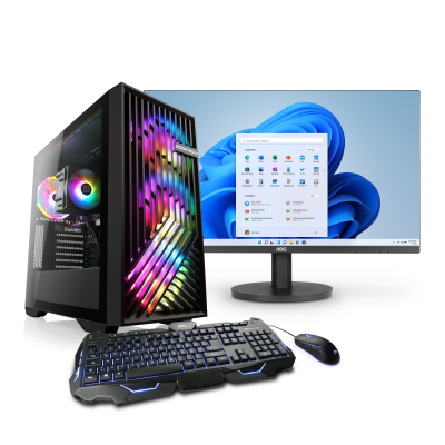 Un PC puissant avec AMD Ryzen 7 8700G, 32 Go de RAM, Windows 11 Home et un écran WQHD AOC 27" - idéal pour les jeux et le streaming vidéo.