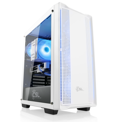 Un puissant PC de jeu AMD Ryzen 5 avec graphique RTX 4060 au look blanc, optimisé pour des résolutions allant du Full HD au WQHD.