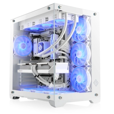 Un imposant PC gamer 4K avec CPU Ryzen 7 7800X3D et graphique Radeon RX 9070 XT au design blanc moderne et au flux d'air optimis&eacute;.