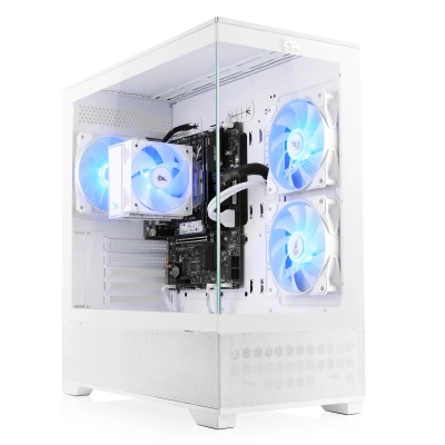PC Intel Core Ultra 5 in versione bianca con 16 GB di DDR5 e SSD da 500 GB in un case in vetro.