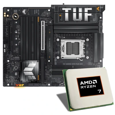 Bundle con CPU AMD Ryzen&trade; 7 9800X3D e scheda madre ASUS TUF GAMING X870-PLUS WiFi: massime prestazioni di gioco per PC di fascia alta.