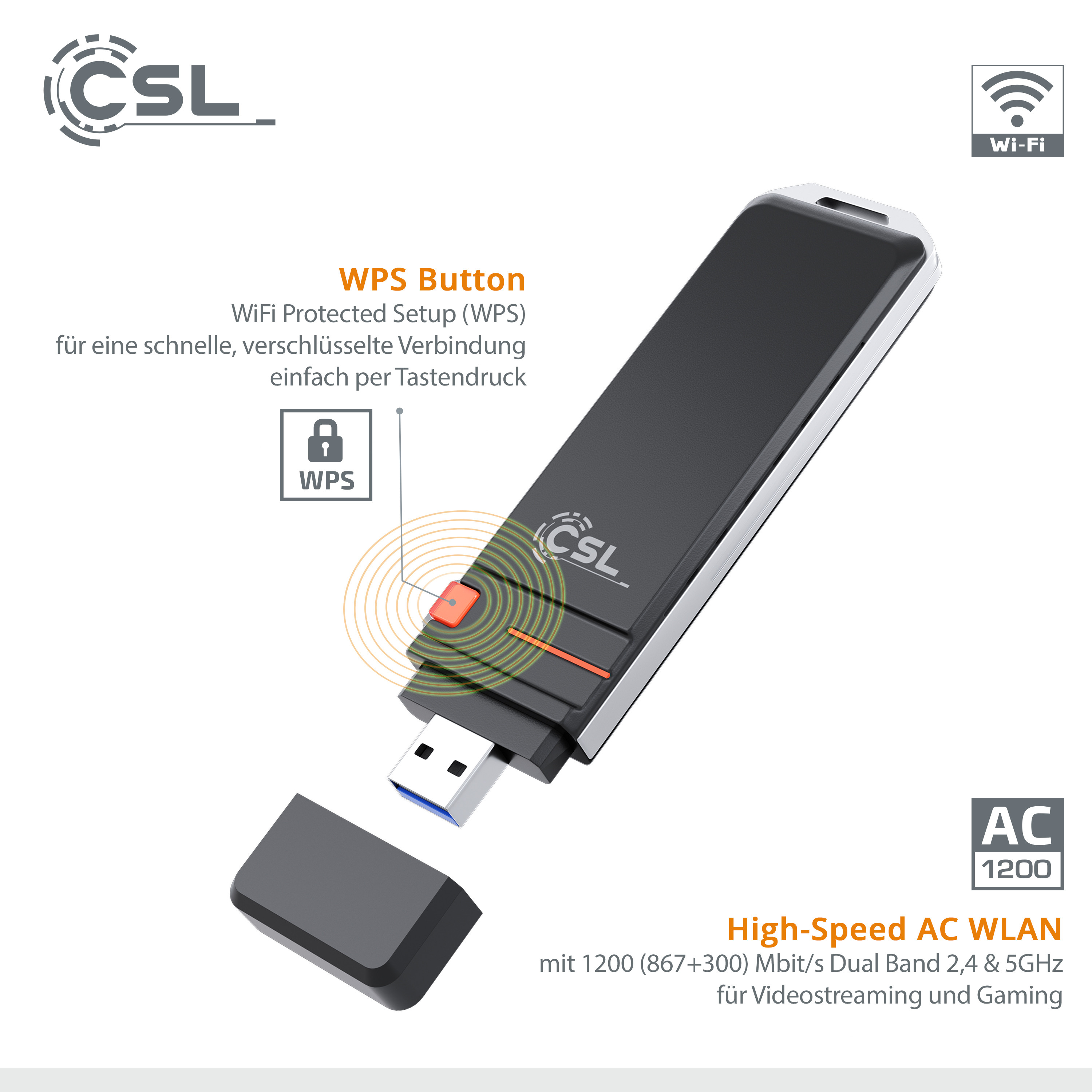 5GHz Frequenzband Dual Band WPS-Taste WiFi Dongle/USB WLAN Stick/WLAN Stick 2,4 USB 3.0 AC1200 WLAN Adapter/Wireless Netzwerkadapter 2X Externe Antennen CSL 