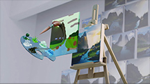 Künstler malt mit der NVIDIA Canvas-App, während KI aus Pinselstrichen realistische Landschaften erstellt